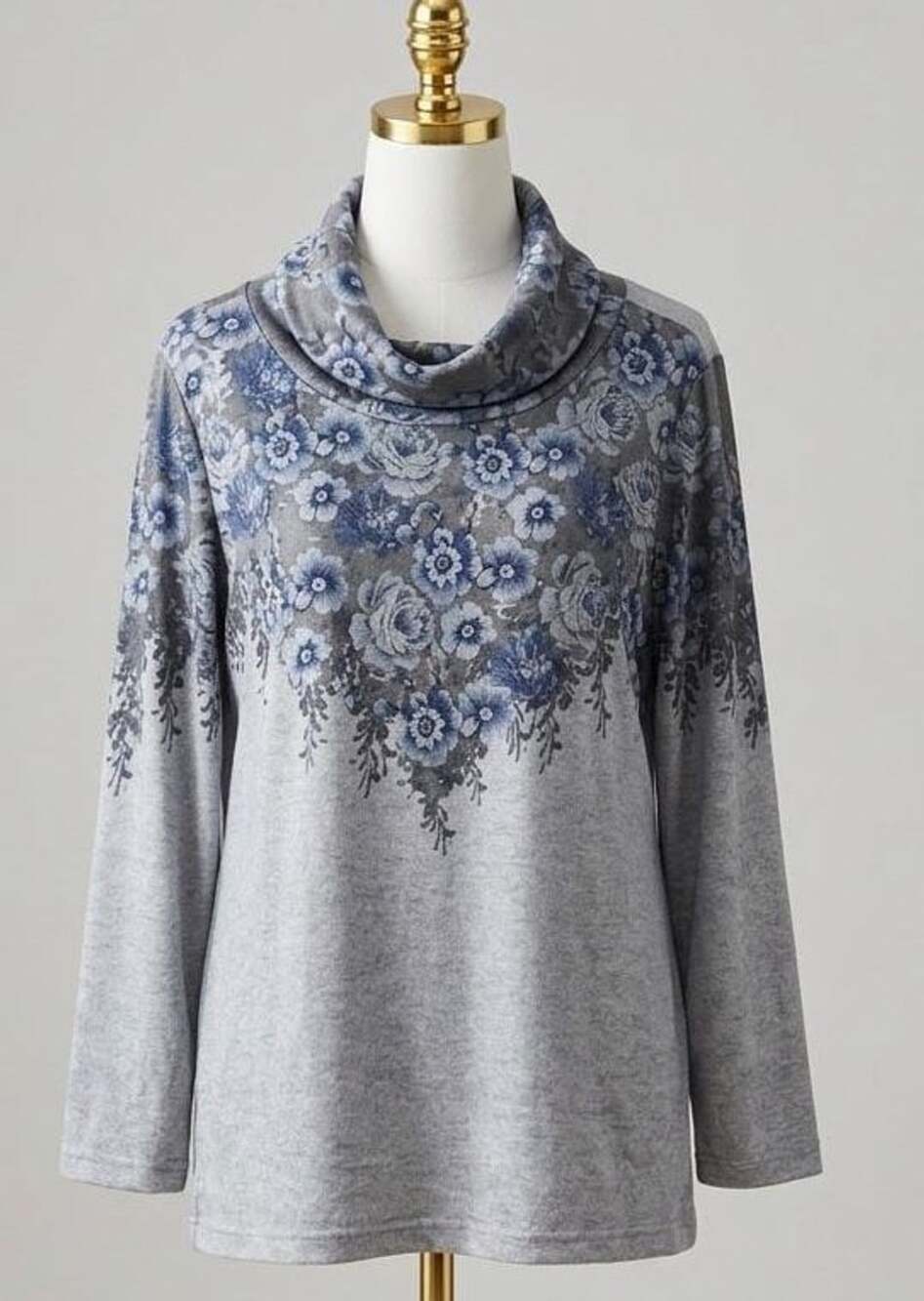 Bloomchic SOFT Floral Cowl Neck Tunic Size 10 Medium Grey Long Sleeve
